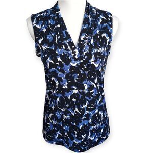 Jones New York Fitted Blue, White, & Black Sleeveless Blouse SZ.S EUC